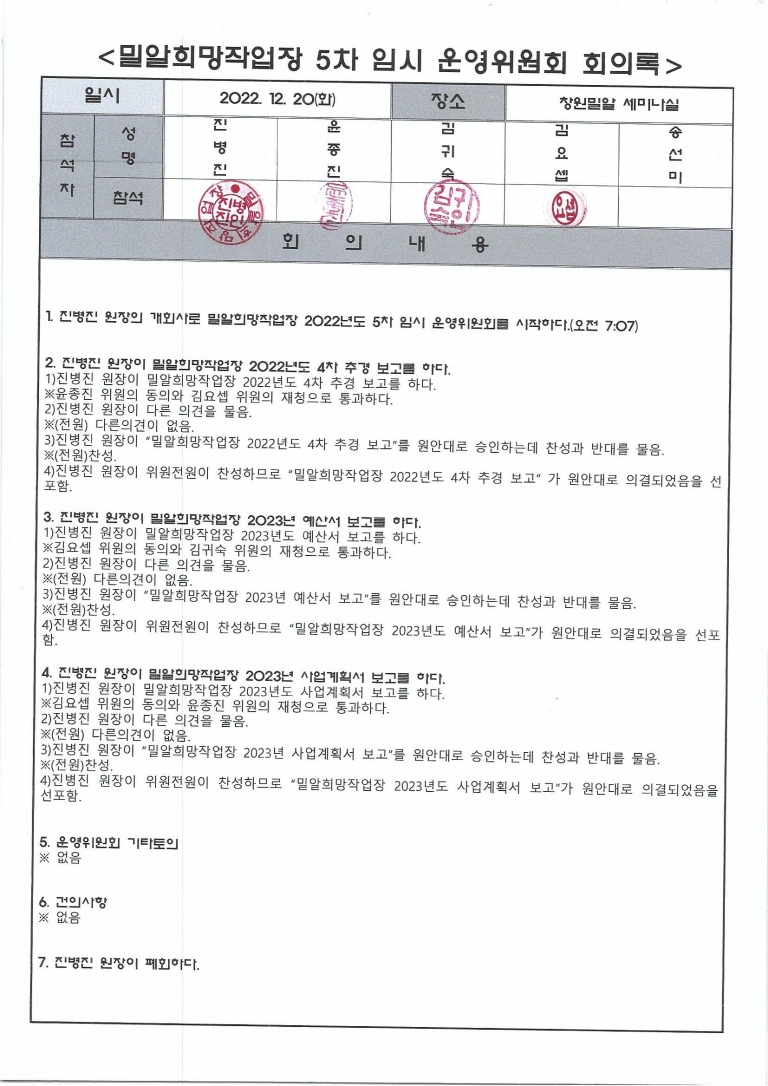 밀알희망작업장 2022년 4차추경예산서, 임시 운영위원회 회의록, 2023년 예산서